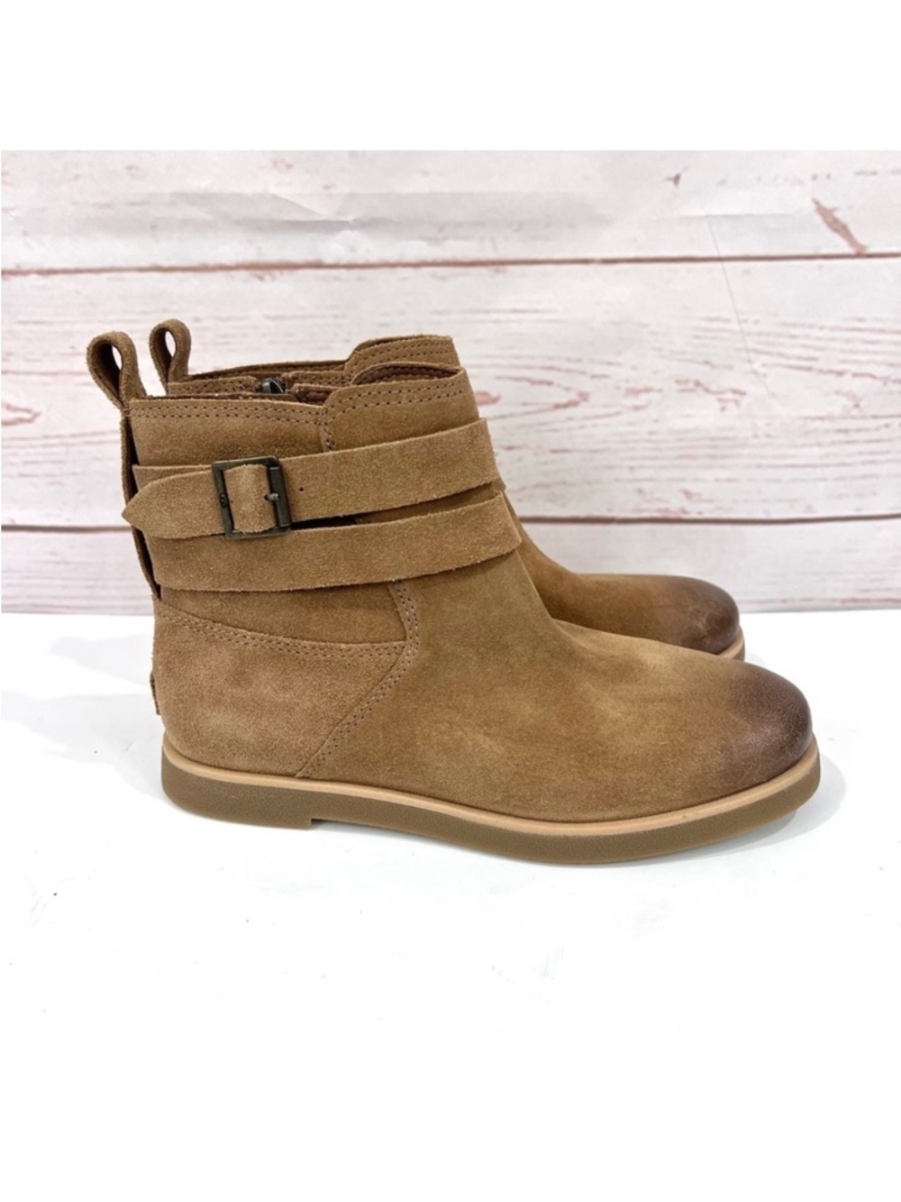 NWT UGG Josefene Ankle Boots Distressed Suede Strap Short Booties Chestnut Tan